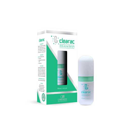 Clearac anti-acne serum packaging and bottle on a white background
