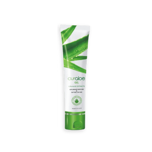 Tube of Curaloe gel with aloe vera design on a black background