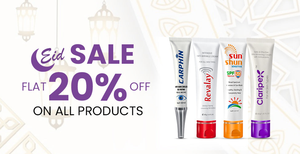 Promotional banner for Eid sale with skincare products and discount text on a white background.