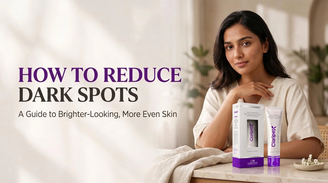 A guide on how to reduce dark spots featuring a woman sitting next to Claripex Ultra Whitening Cream packaging.
