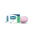 Pink emollient bar and its packaging with 'Aqura' branding on a white background