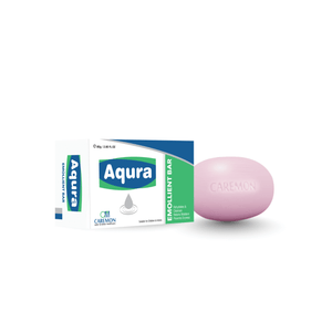 Pink emollient bar and its packaging with 'Aqura' branding on a white background