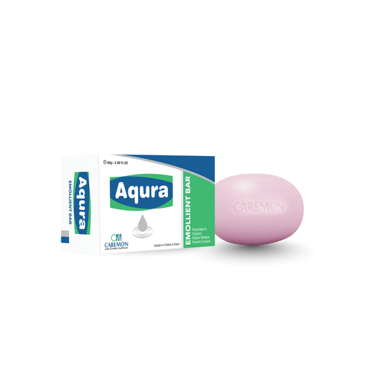 Pink emollient bar and its packaging with 'Aqura' branding on a white background