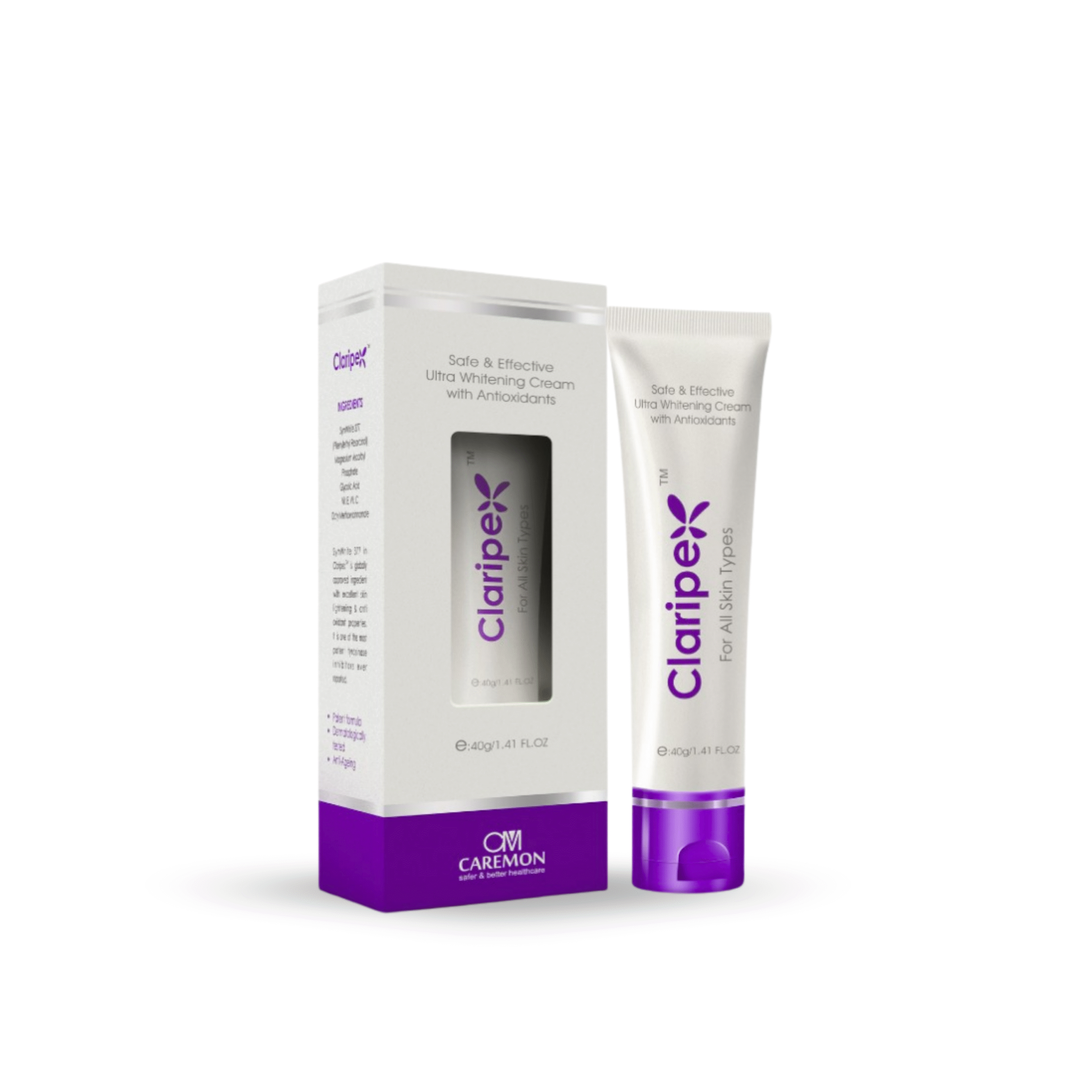 Claripex cream packaging with purple accents on a white background