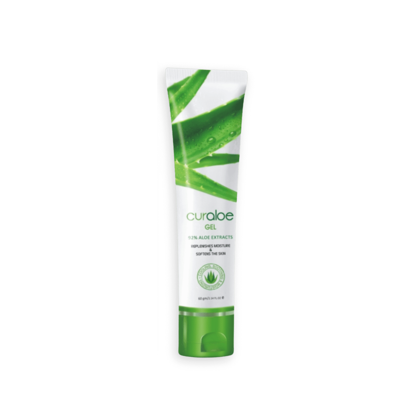 Tube of Curaloe gel with aloe vera design on a black background