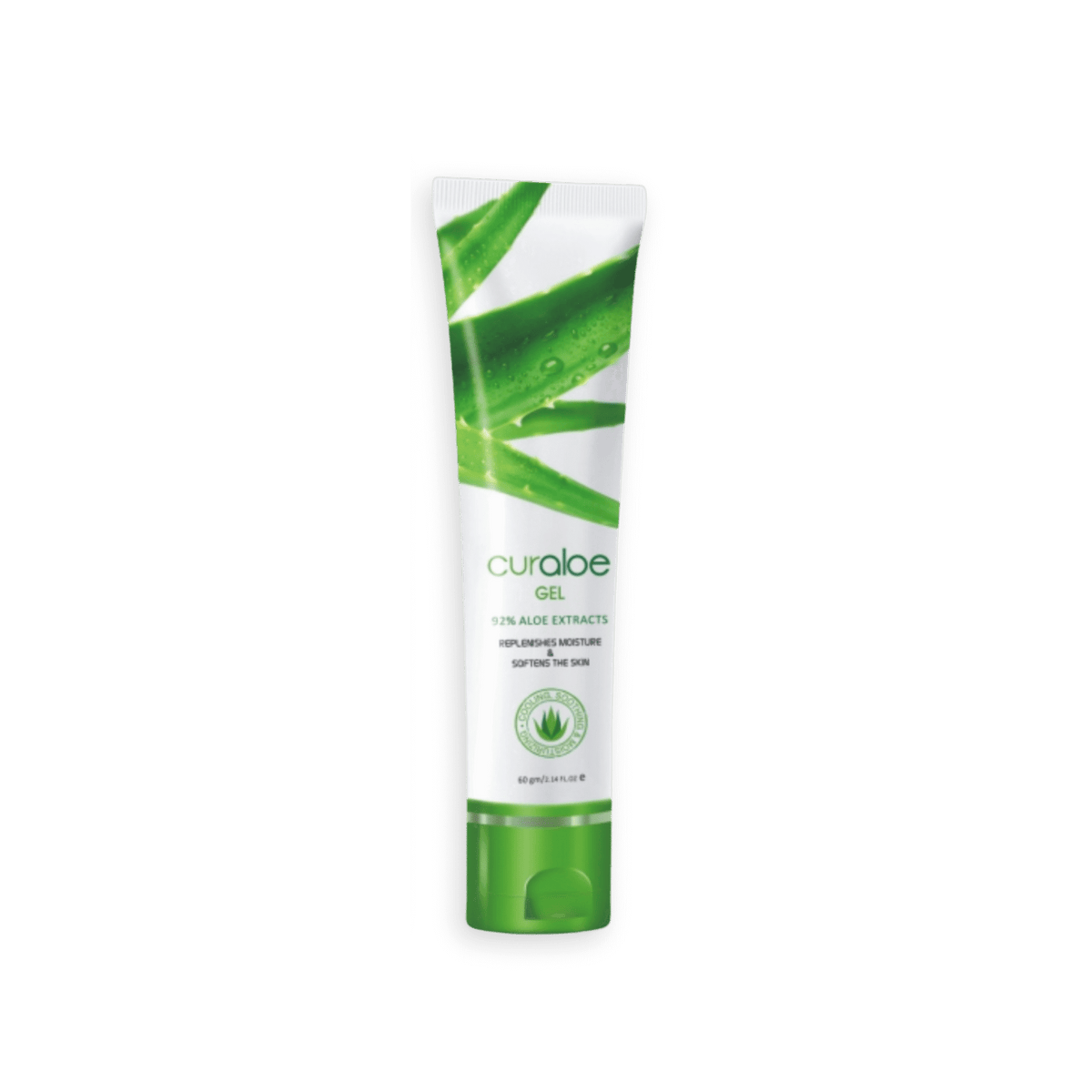 Tube of Curaloe gel with aloe vera design on a black background