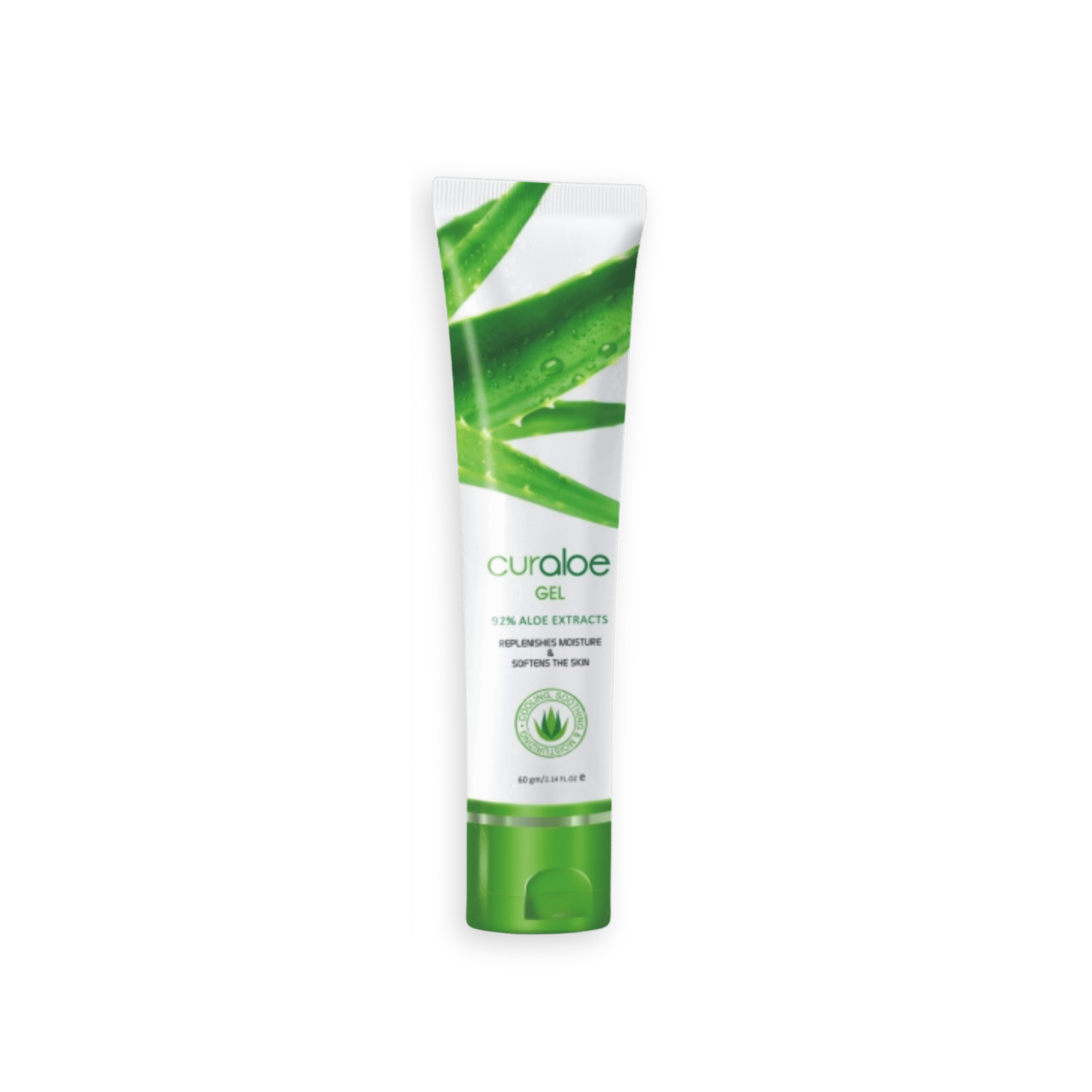 Tube of Curaloe gel with aloe vera design on a black background