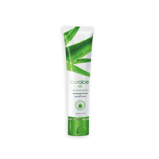 Tube of Curaloe gel with aloe vera design on a black background