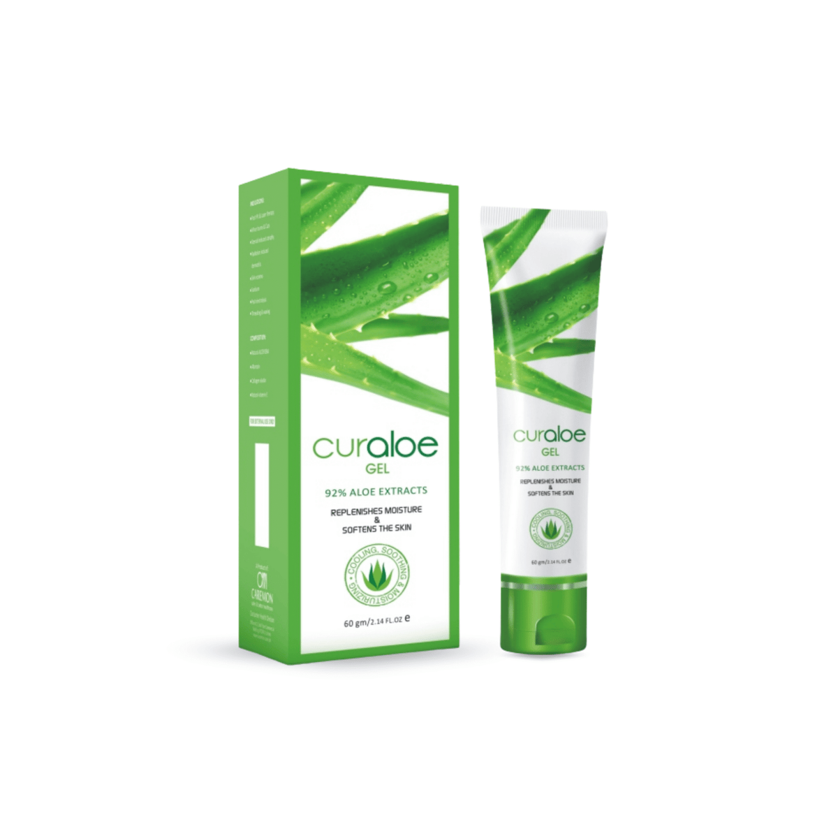 Curaloe gel packaging with green and white design on a white background