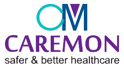 Caremon healthcare logo with a stylized 'CM' in teal and purple above the word 'CAREMON' in purple and the tagline 'safer & better healthcare' in black, on a white background.