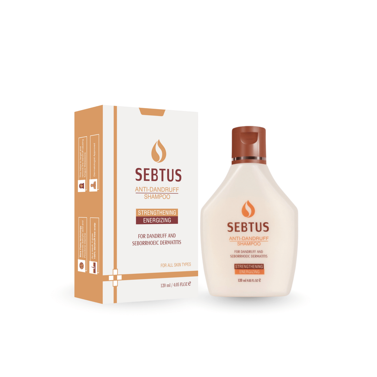 Sebtus anti-dandruff shampoo bottle and packaging on a white background
