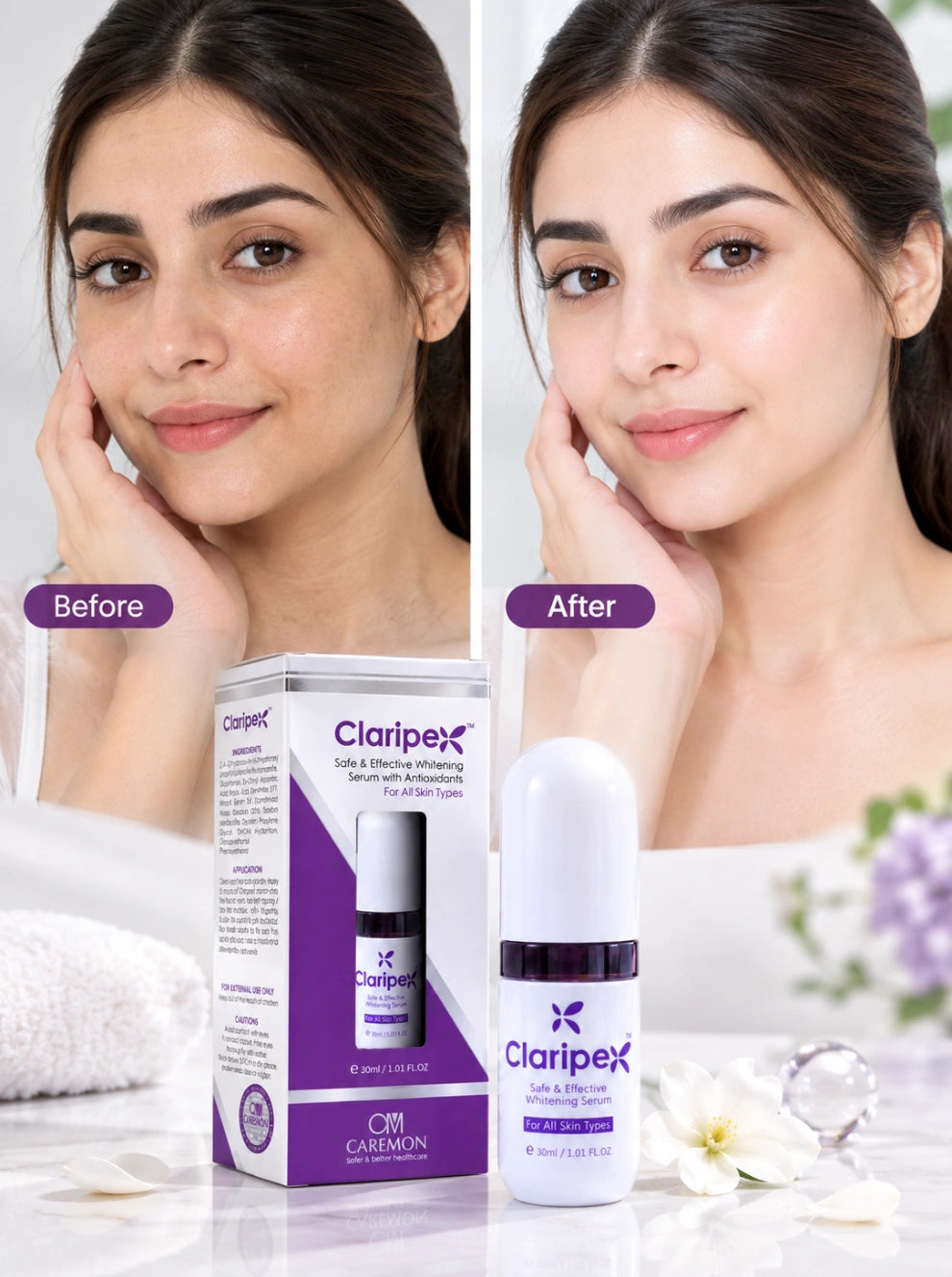Before and after skin comparison of a woman's face, shown next to the Claripex skin serum bottle and its packaging box. The 'Before' side shows a woman with natural skin, and the 'After' side shows smoother, more radiant skin.