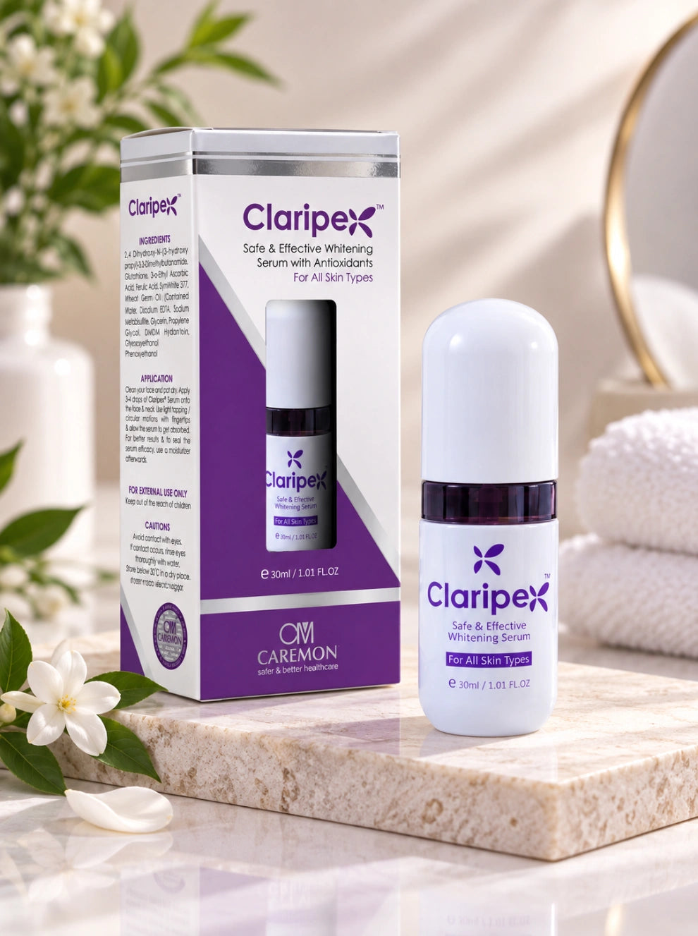 Claripex Soft & Effective Whitening Serum with Antioxidants shown with its purple and white retail box and the white bottle with a dark purple cap, styled on a marble slab with white flowers and a soft spa-like background.