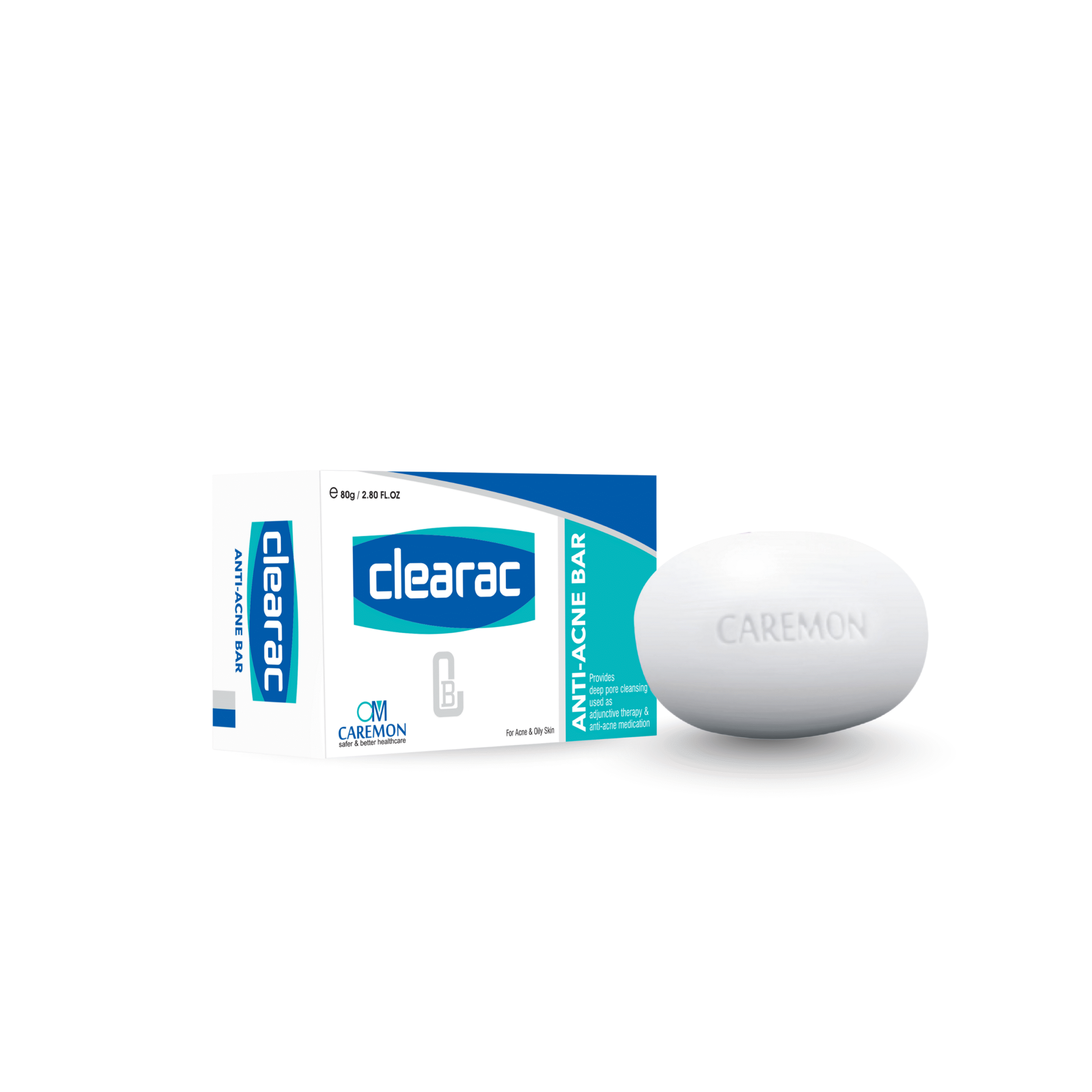 Clearac anti-acne bar with packaging on a white background