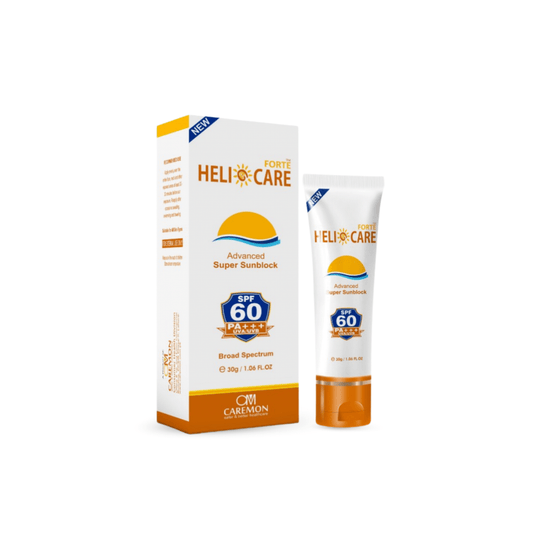 Heli-Care sunscreen tube and packaging on a white background