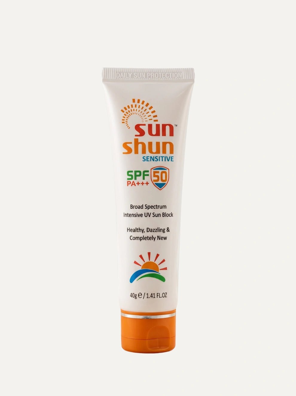 A 40g squeeze tube of Sun Shun Sensitive SPF 50+ sunscreen, featuring a white tube with orange and green branding and an orange cap, set against a light gray background.