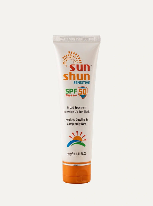A 40g squeeze tube of Sun Shun Sensitive SPF 50+ sunscreen, featuring a white tube with orange and green branding and an orange cap, set against a light gray background.